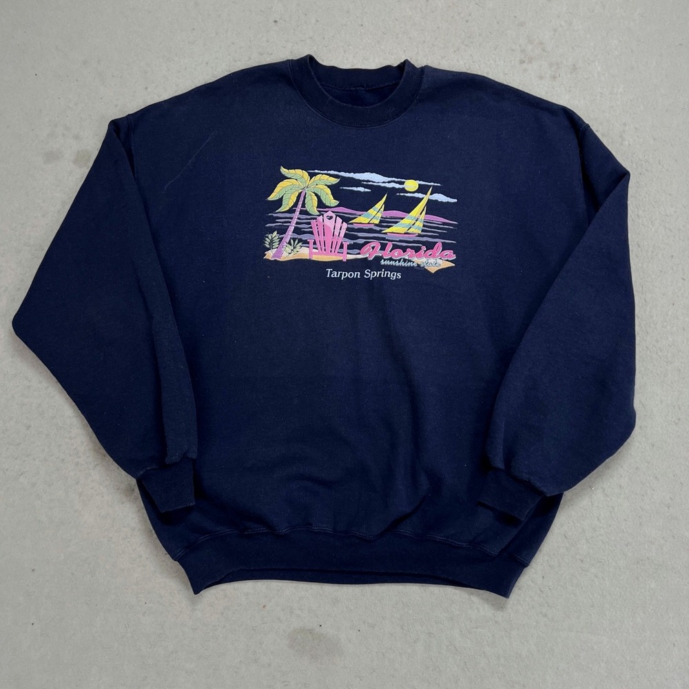Vintage Florida Sunshine State Tarpon Springs Shirt Sweatshirt Navy Blue XL